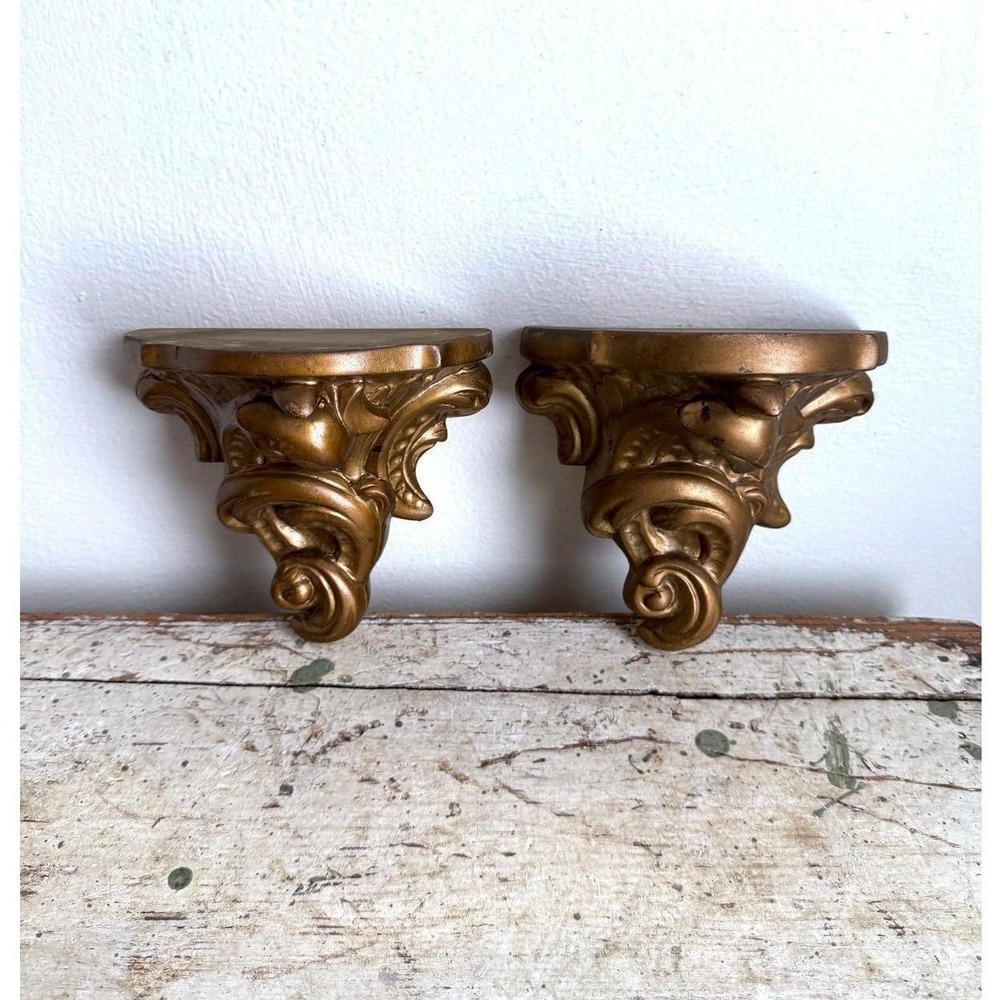 Vintage Pair Plaster Gold Wall Sconces Hollywood Regency Classical Shelf